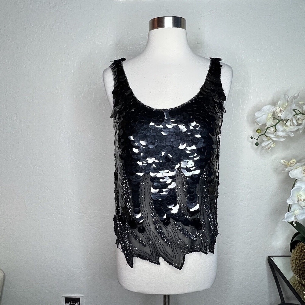 OLEG CASSINI BIG BLACK SHAKER SEQIN & BEADED TOP BLOUSE M